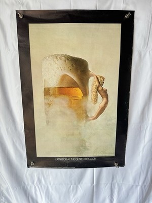 Vintage 1973 Beer Advertising Poster  Grab for All the Gusto She s Got  34x23 /1