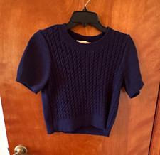 Michael Kors Women's Crew Neck Logo Solid Knit Pullover Sweater Navy L