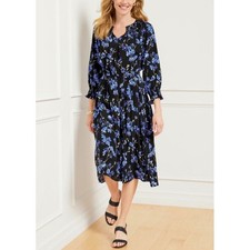 New Talbots Dress Midi Smocked Floral Black Blue Women Small Petite Long Sleeve