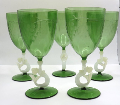 27924/ Art Deco Lauscha Bimini Glas Nixe Meerjungfrau 5 Weingläser Dekor Traube