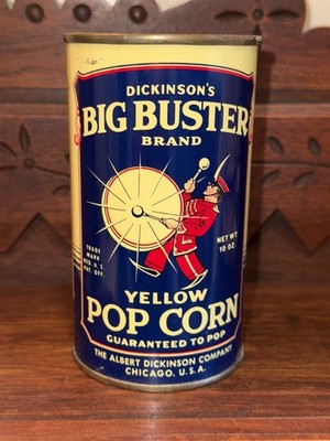 ANTIQUE ADVERTISING BIG BUSTER YELLOW POPCORN TIN CAN DICKENSON CHICAGO