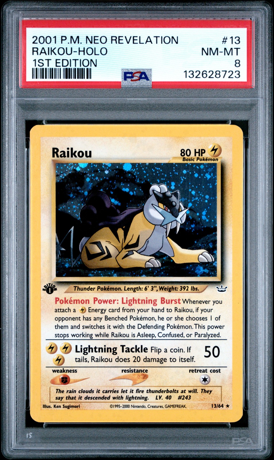 2001 POKEMON NEO REVELATION 1ST ED #13 RAIKOU-HOLO PSA 8