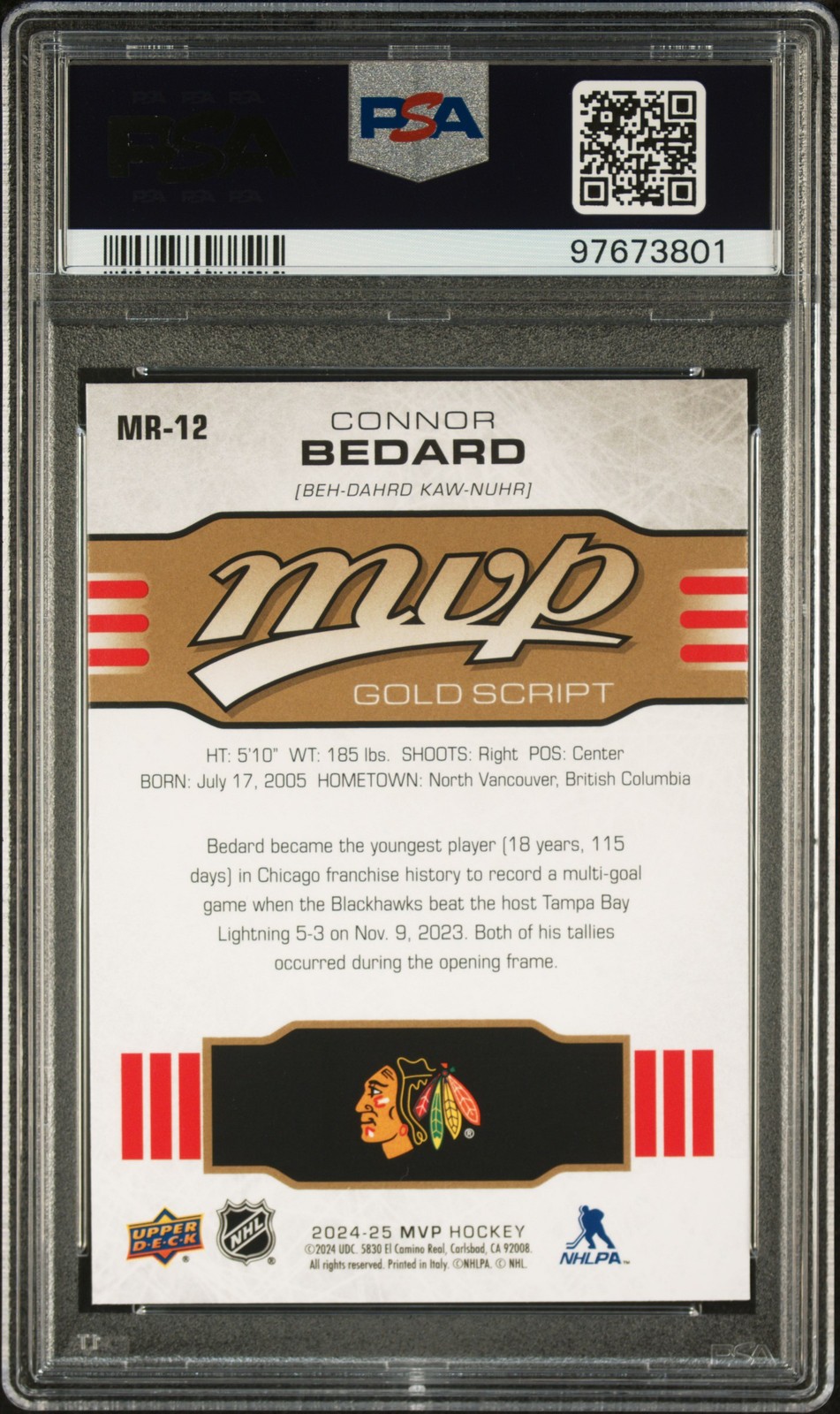 2024 UPPER DECK MVP 10TH ANNIVERSARY GOLD SCRIPT #MR12 CONNOR BEDARD PSA 9 view 2