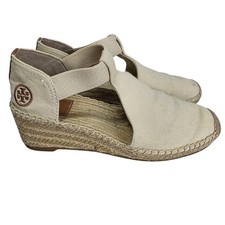 Tory Burch Catalina Wedge Espadrille Sandals Neutral Tan Canvas 7M Boho Coastal