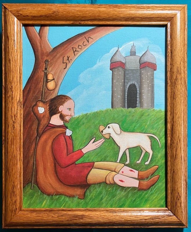 St. Roch Patron Saint of Dogs Original Acrylic Framed Painting 8 by 10 Inches