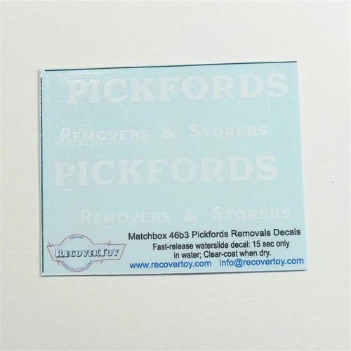 Matchbox Lesney 46b3 Pickfords Removals 2-line Text Guy Van Pre-cut Decal Set