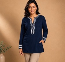 Tory Burch Tunic top Ariana Embroidered Trim V Neck Navy SZ 0 Side Zipper