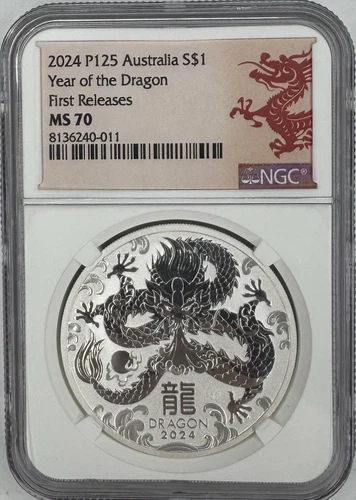 2024 Australia Silver Lunar Year of the Dragon .9999 Fine 1 oz $1 Coin NGC MS70