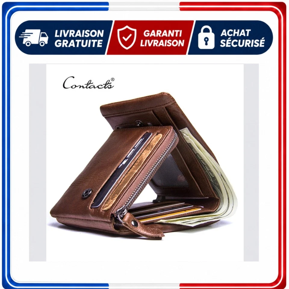 Portefeuille homme cuir véritable 3 volets poche monnaie vintage - Photo 1/4