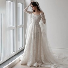 Lace Off Shoulder Wedding Dress Long Sleeve Sweetheart Applique Beach Bride Gown