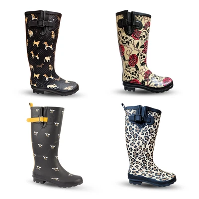 BARABOO Ladies Calf Wellingtons Dog Paw Print Waterproof Buckle Winter Flat Festival