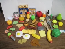Huge Play Food Lot 66 Pieces Pretend Fruits, Veggies, Tools, Wooden & Plastic