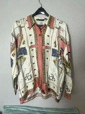 VTG 80s TED LAPIDUS Paris Boutique Gold Crown Crest Lions Silk Blouse Top Sz L