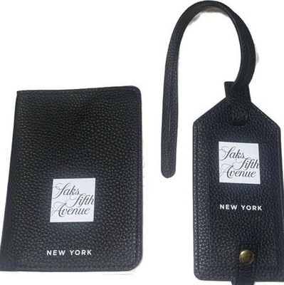 Saks Fifth Avenue New York Pebble Grain Leather Passport Holder and Luggage Tag