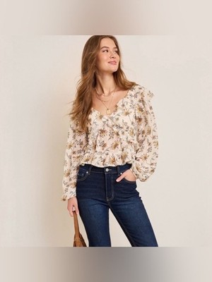 Francesca s Floral Back Tie Cream/Yellow Ruffle Long Sleeve Blouse NWT Womens XL