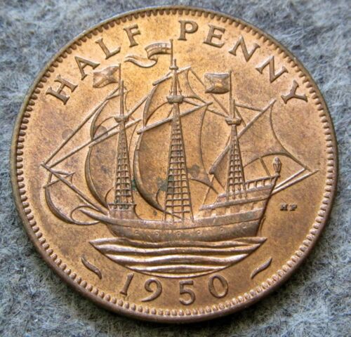 GREAT BRITAIN GEORGE VI 1950 HALFPENNY, GOLDEN HIND SAILING SHIP km# 868 UNC - Picture 3 of 6