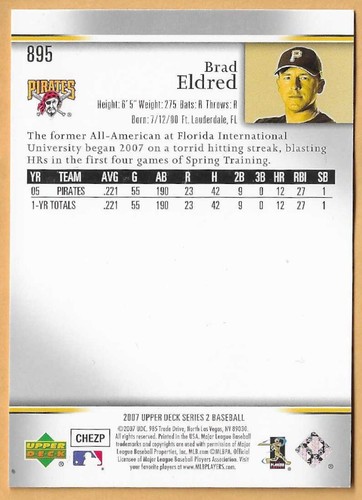 BRAD ELDRED PITTSBURGH PIRATES #895 - UPPER DECK NM-MT 2007 - Picture 2 of 2