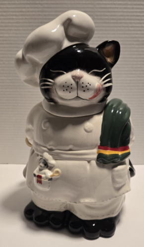 Vintage Ceramic Black Cat Chef with Mouse & Spoon Cookie Jar - FREE SHIPPING