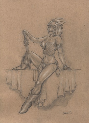 Woman Warrior figure drawing pencil Artist Jerome Cadd pastel fantasy art - Picture 3 of 3