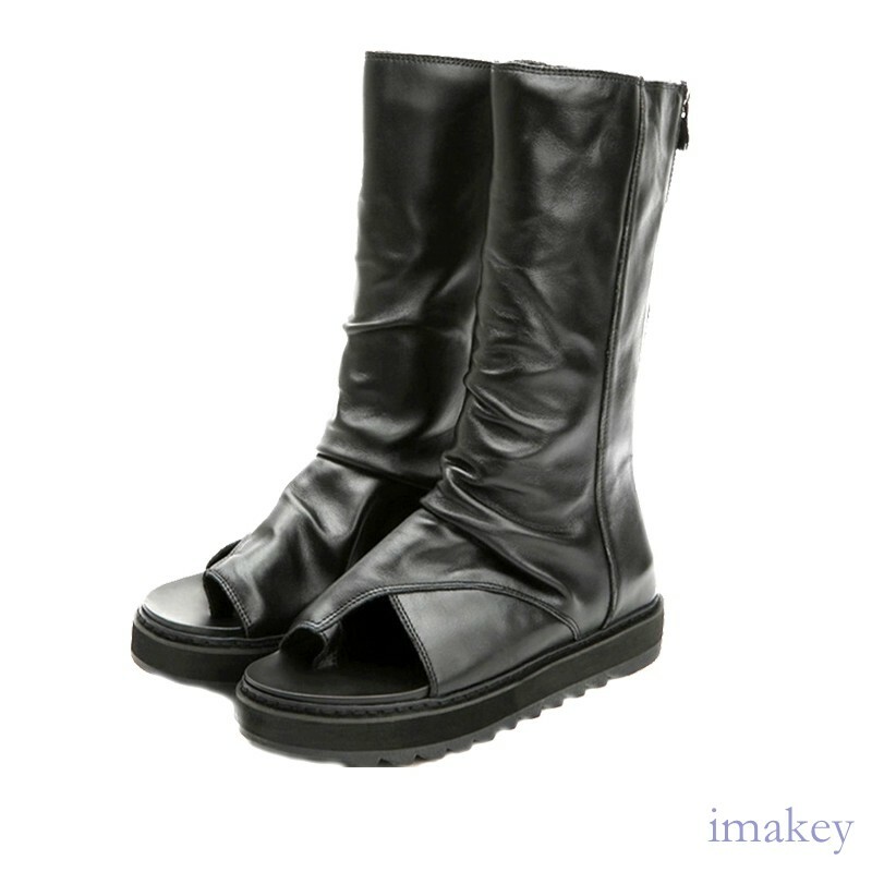 Womens Mid Calf Boots Open Toe Sandals Gladiator Real Leather Flat