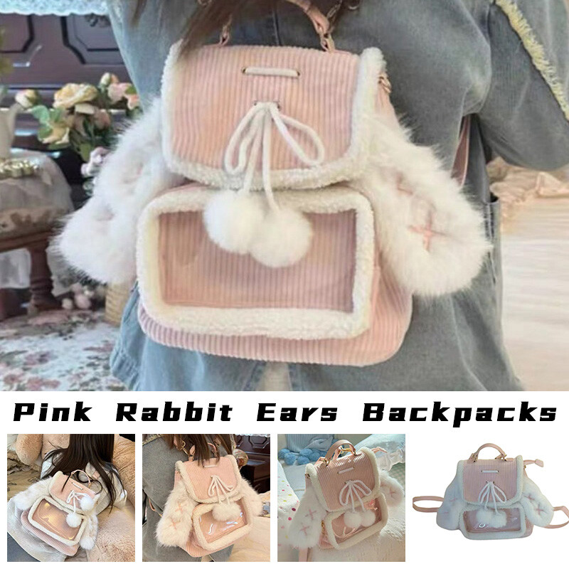 Pink Small Backpacks for Women Rabbit Ears Cute Corduroy Lolita