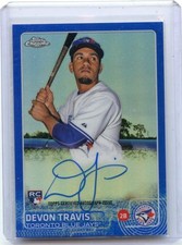 2015 TOPPS CHROME #AR-DT DEVON TRAVIS AUTOGRAPH BLUE REFRACTOR RC #140/150, JAYS