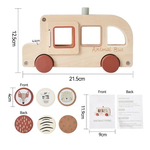 Cylinder Blocks Wooden Bus Toy Wooden Cartoon Animal Bus Early Learning - Picture 2 of 12