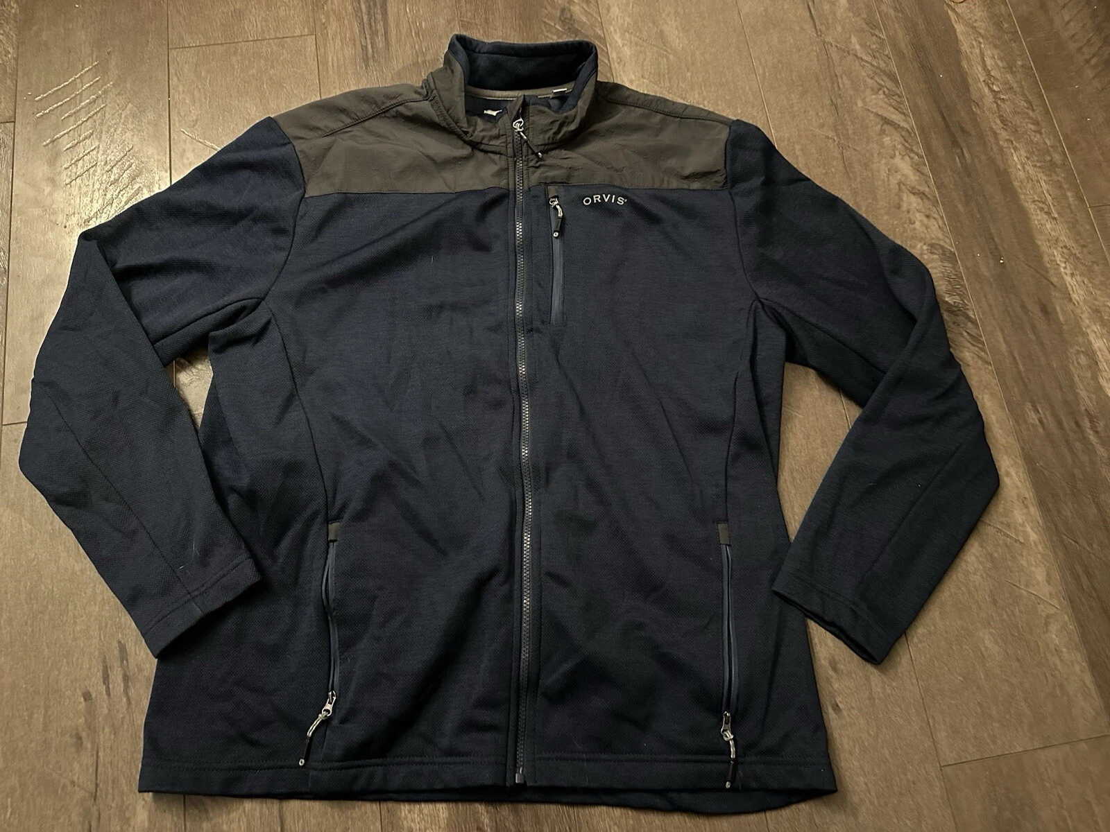 ORVIS Mesh Fleece Full Zip Jacket Mens XL Navy Blue Zipper Pockets Stretch