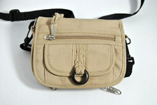 Tan Canvas Over the Shoulder Black Strap Wallet Multiple Compartments w Mirror