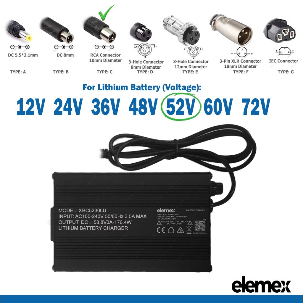 52V 3Ah Lithium Battery Charger eBike Electric Bike with RCA 10mm