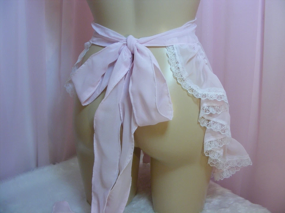 adult baby sissy pink chiffon apron fancydress cosplay vintage french maid pinny - Image 2 of 3