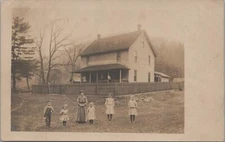 Americana RPPC Postcard Farm Scene Boy Fishing Pole Girls Dresses 