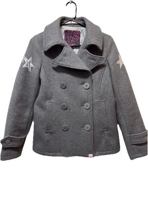 A Bathing  Ape Gray Pea Coat Star Patch  Collared Button Lined Tall Size  M