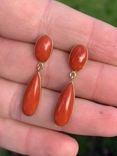 18 Ct Gold Coral Vintage Drop Dangle Earrings 