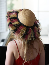 Vintage 60s Italy Straw Wide Brim Fringe Hat Colorful Vacation Sun