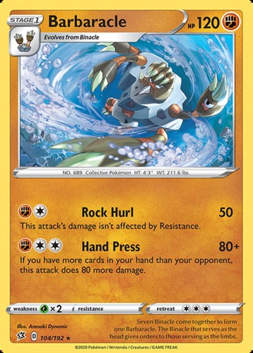 Barbaracle - 104/192 - Rare (Near Mint) Rebel Clash - Fighting Pokémon