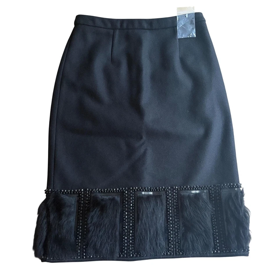 NUEVO De Colección TORY BURCH *Raro* Falda Lápiz Lana Negra Piel de Cordero Estrás Cuentas Talla 0 Foto 2 de 4