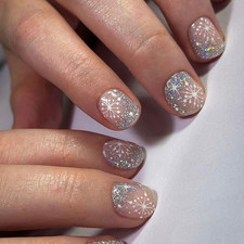 24Pcs Christmas Press on Nails Short Square Winter Snowflake Fake Nails with Des