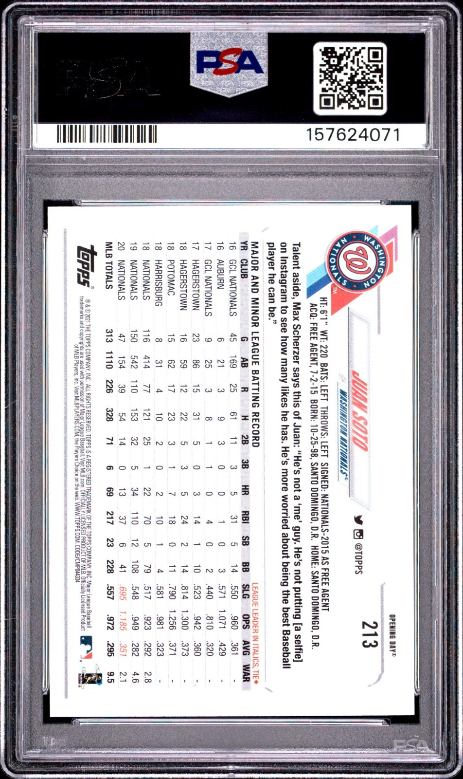 2021 Topps Opening Day #213 SP Image Variation Juan Soto PSA view 2