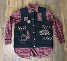 Vtg Woolrich Vest  Flannel Red Black Wool Bear Holiday Patches Women's Small