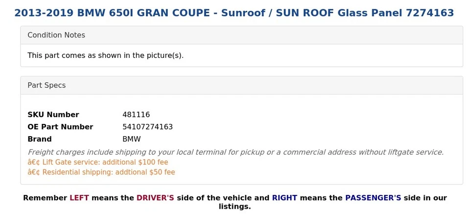 Painel de vidro 2013-2019 BMW 650I GRAN COUPE - Teto solar / teto solar 7274163 - Imagem 4 de 4