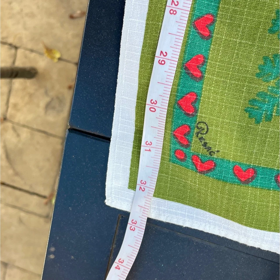 De colección. Mantel Escandinavo Navidad Tomte Firmado René 34" Verde Rojo Lino Años 70 Foto 4 de 4