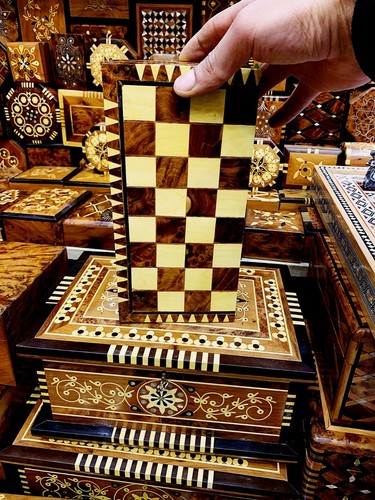 2 in1 Antique Mini Backgammon Chess Set Moroccan handmade Rare Wooden Set Board - Picture 5 of 11
