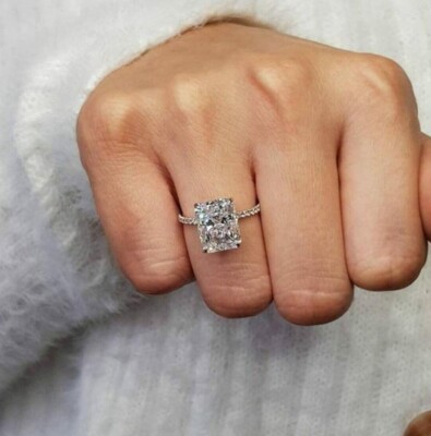 3.60 CT Radiant Cut Moissanite Lab Create 925 Silver Hidden Halo Wedding Ring