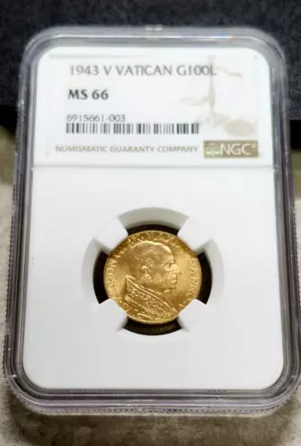 1943 V Vatican Gold 100 Lire - MS66 - NGC - Rare In Higher Grades