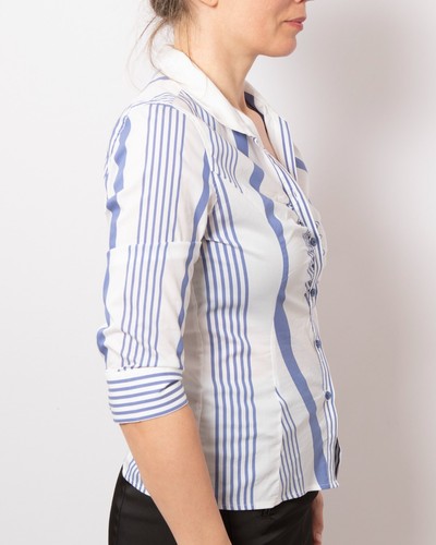 NARA CAMICIE Fitted Stretch Cotton Striped 3/4 Sleeve White Blue Blouse S - Picture 6 of 8