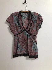 Esprit Women's Blouse Multicolor Boho Hippie Feminine Brown Trim Short Sleeve 
