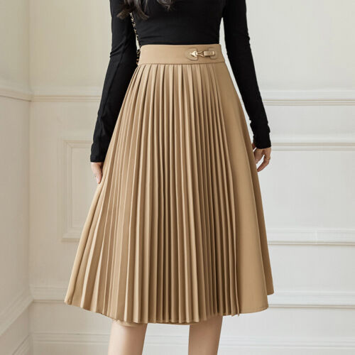 Lady Pleated Skirt Midi High Waist Zip A-line Casual French Black Asymmetric - Picture 14 of 14