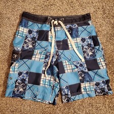 Ocean Pacific Board Shorts Mens 32 34 Blue OP Swim Trunks Surfer Flower Pockets