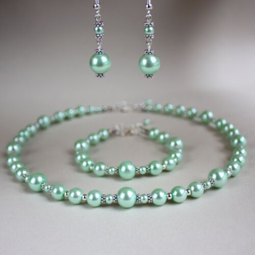 Vintage mint green pearl necklace bracelet earrings wedding bridal jewellery set - Afbeelding 1 van 3